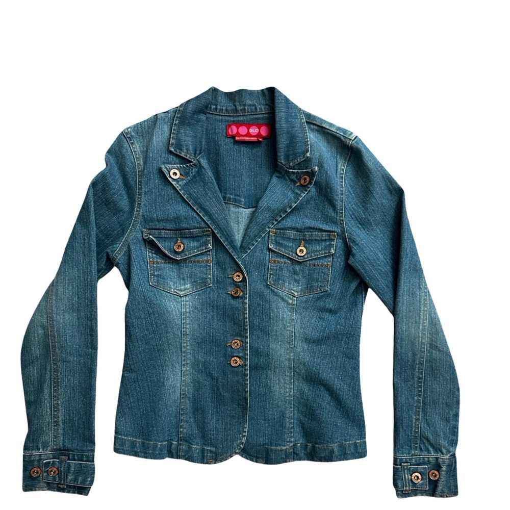 GLO Jeans Fitted Distressed Denim Jean Jacket Blue Women’s Size Medium.